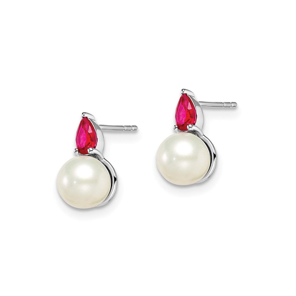 14k White Gold Stud Earrings with Ruby and Cultured Pearl, Classic Bridal Style