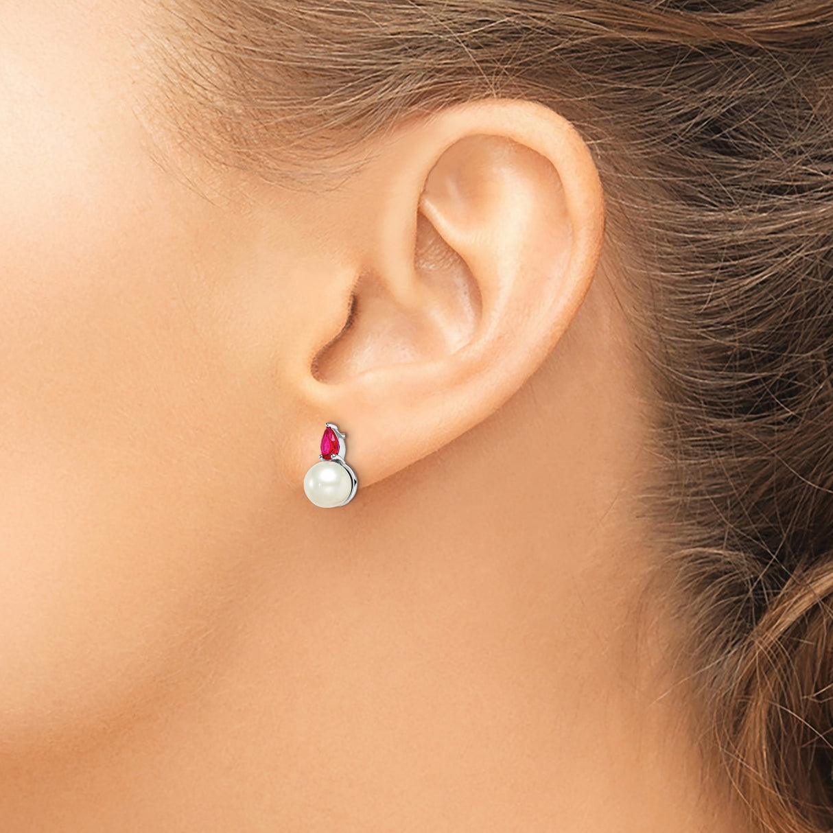 14k White Gold Stud Earrings with Ruby and Cultured Pearl, Classic Bridal Style