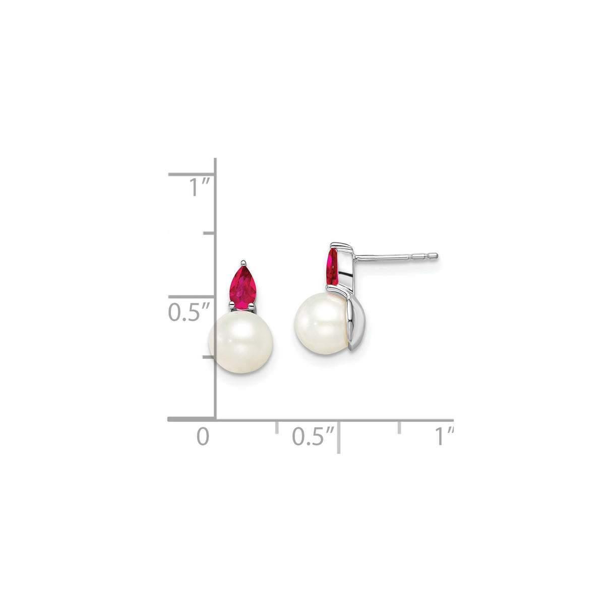14k White Gold Stud Earrings with Ruby and Cultured Pearl, Classic Bridal Style