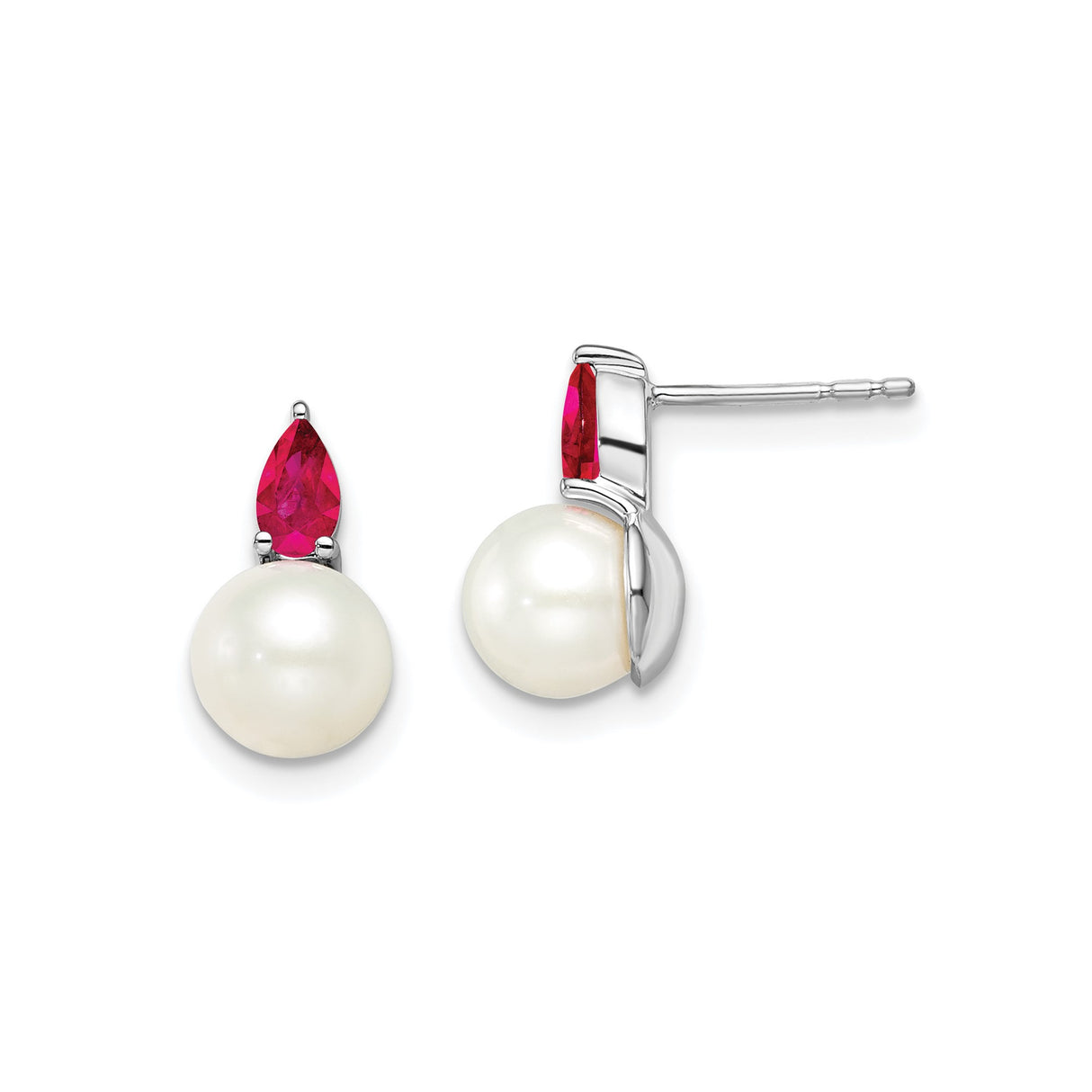 14k White Gold Stud Earrings with Ruby and Cultured Pearl, Classic Bridal Style
