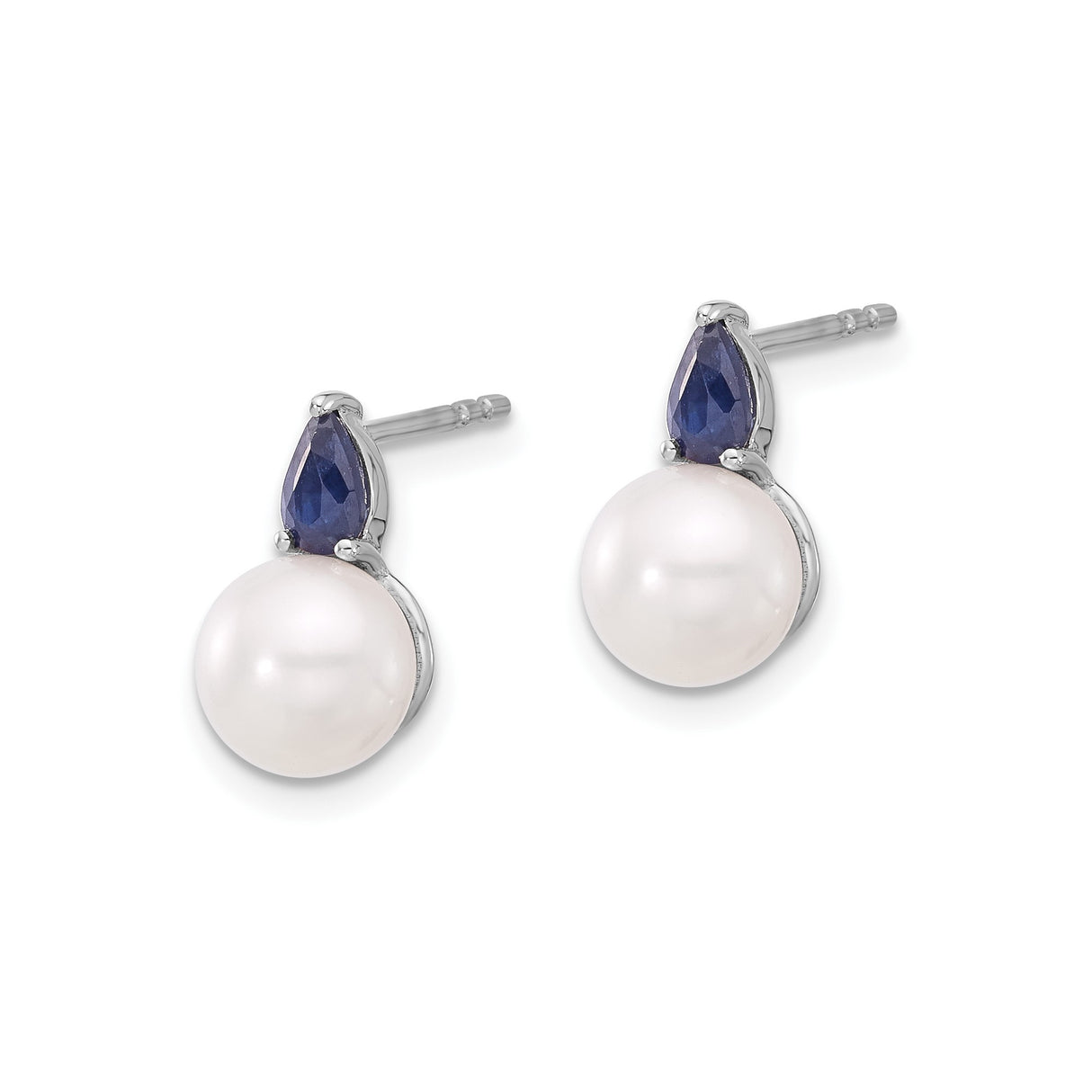 14k White Gold Stud Earrings with Sapphire and Cultured Pearl, Classic Formal Style