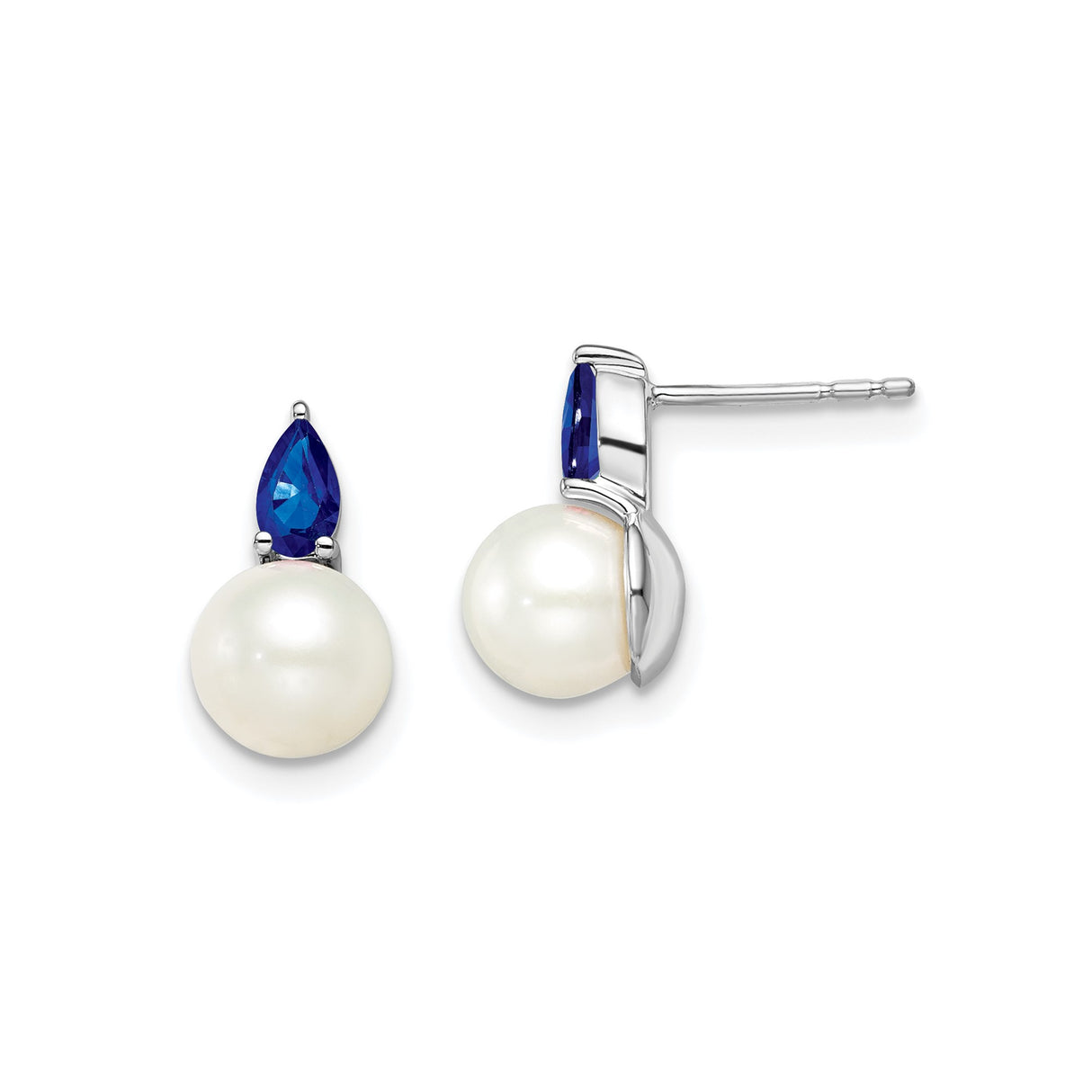 14k White Gold Stud Earrings with Sapphire and Cultured Pearl, Classic Formal Style