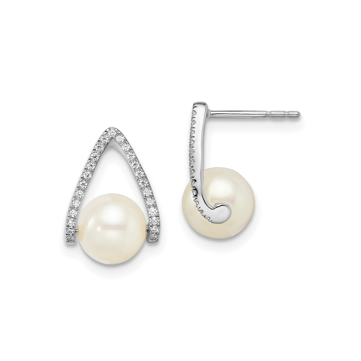 14k White Gold Teardrop Stud Earrings with Cultured Pearls and Diamond Accents
