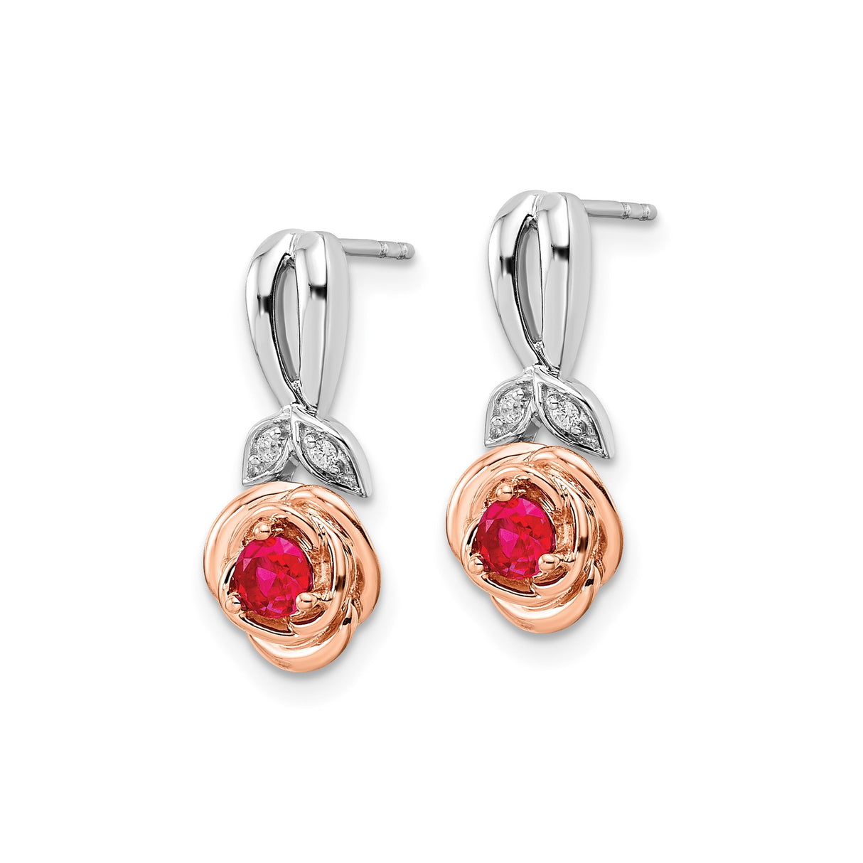 14k Two-Tone Gold Rose Stud Earrings with Ruby Center and Diamond Leaf Accents