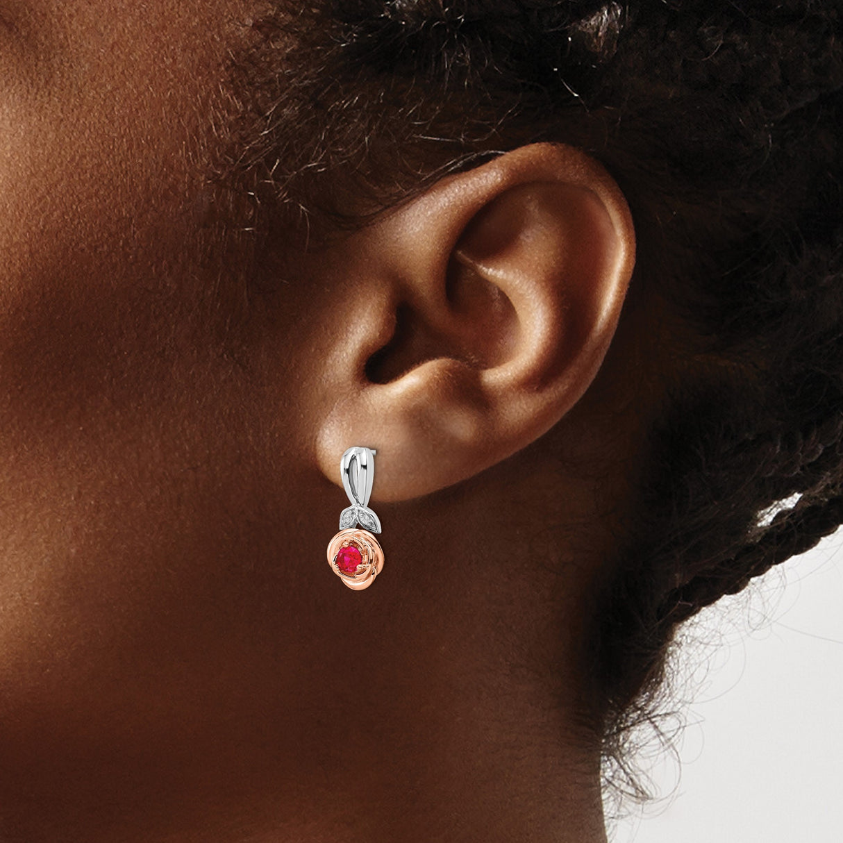 14k Two-Tone Gold Rose Stud Earrings with Ruby Center and Diamond Leaf Accents