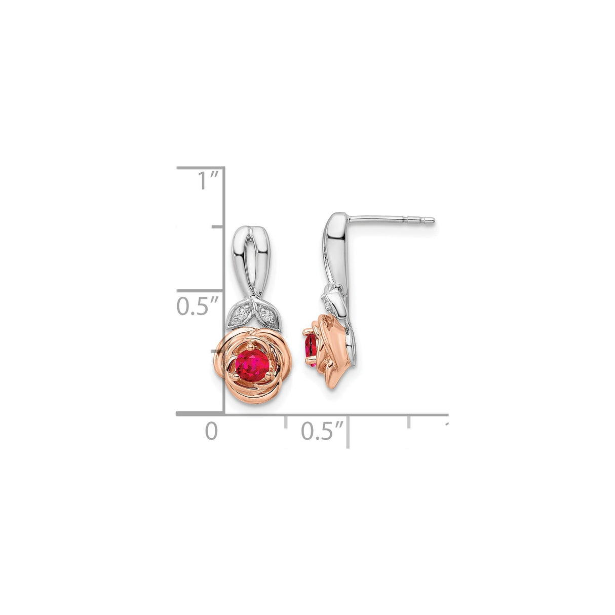 14k Two-Tone Gold Rose Stud Earrings with Ruby Center and Diamond Leaf Accents