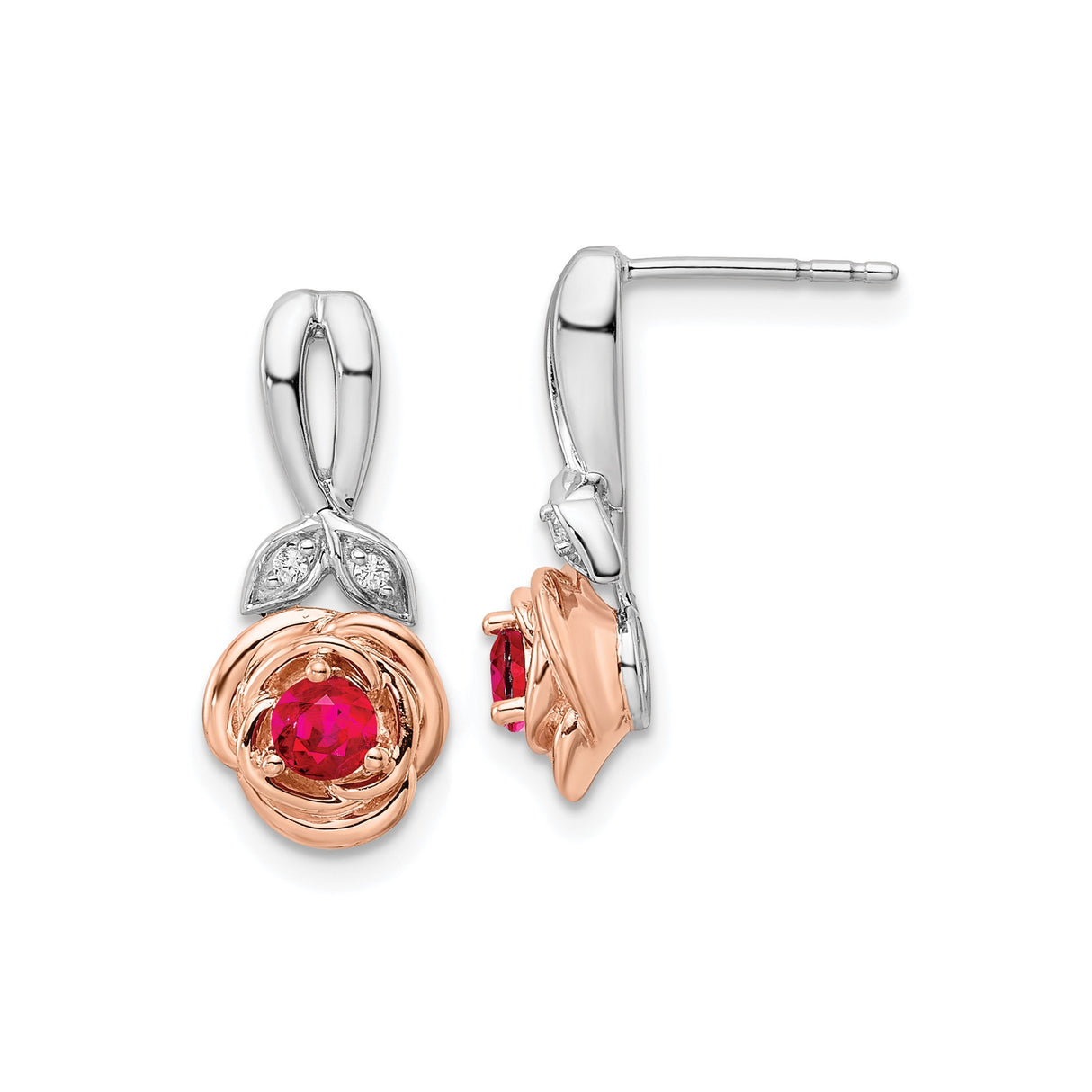 14k Two-Tone Gold Rose Stud Earrings with Ruby Center and Diamond Leaf Accents