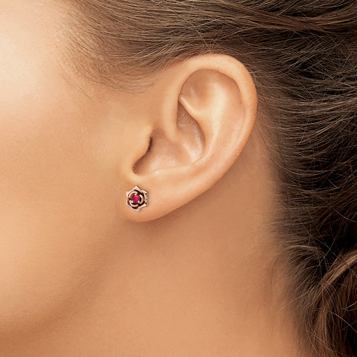 14k Rose Gold and White Gold Rose Flower Stud Earrings with Ruby Center