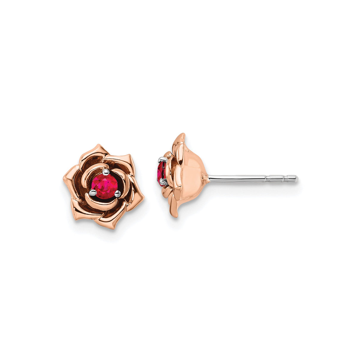 14k Rose Gold and White Gold Rose Flower Stud Earrings with Ruby Center