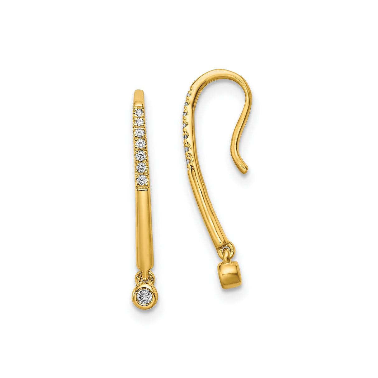 14k Yellow Gold Drop Earrings with Diamonds, Bezel Set Dangle, Modern Minimalist Style