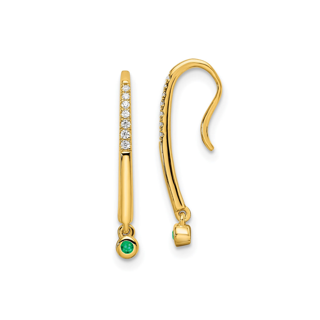 14k Yellow Gold Drop Earrings with Emerald and Diamond, Modern Dangle Fine Jewelry for Women