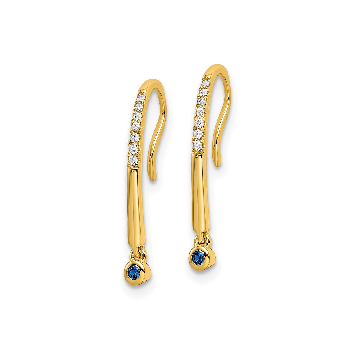 14k Yellow Gold Dangle Earrings with Blue Sapphire Drop and Diamond Accents, Linear Design