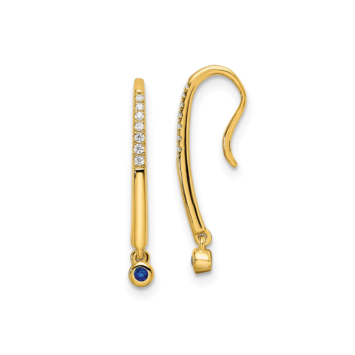 14k Yellow Gold Dangle Earrings with Blue Sapphire Drop and Diamond Accents, Linear Design