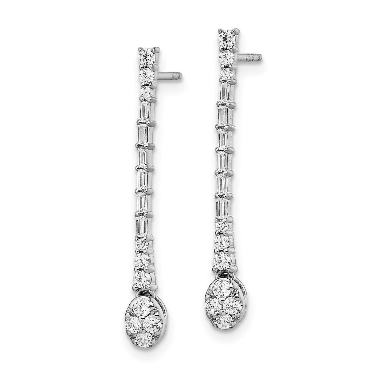 14k White Gold Dangle Earrings with Baguette and Round Diamonds, Oval Cluster Linear Design