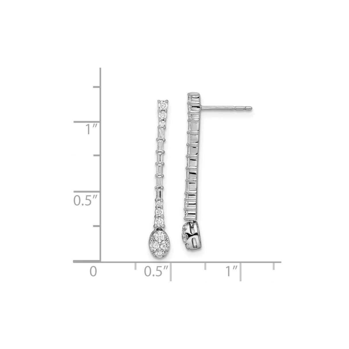 14k White Gold Dangle Earrings with Baguette and Round Diamonds, Oval Cluster Linear Design