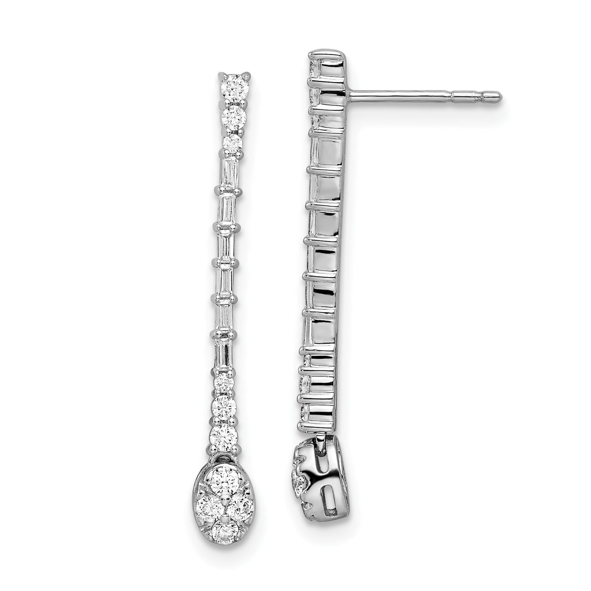 14k White Gold Dangle Earrings with Baguette and Round Diamonds, Oval Cluster Linear Design