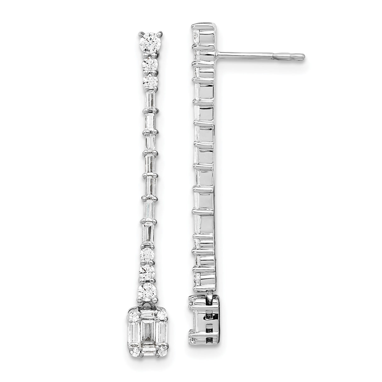 14k White Gold Drop Earrings with Round and Baguette Diamonds, Linear Dangle Style for Women