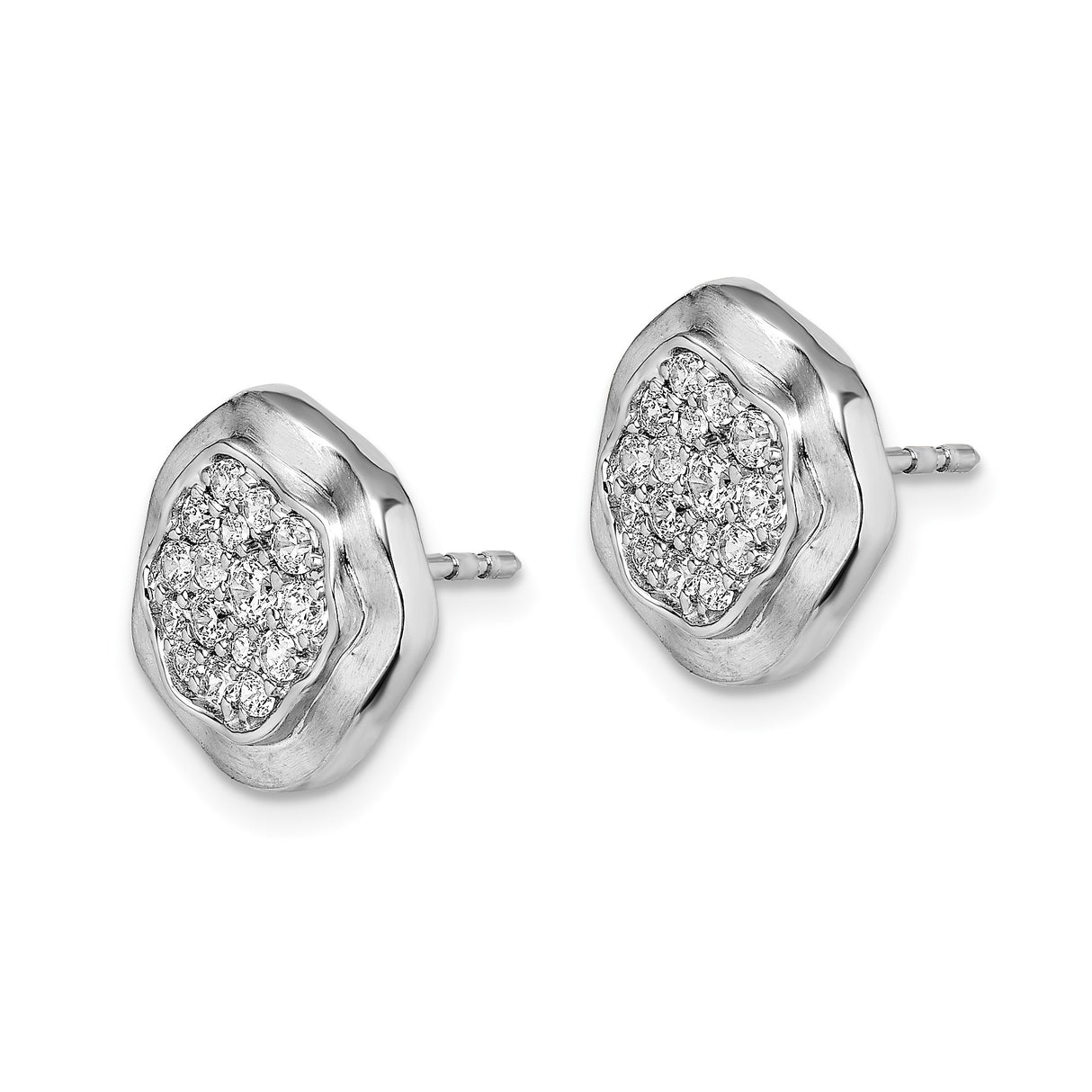 14k White Gold Diamond Stud Earrings, Floral Cluster Pavé Wavy Design