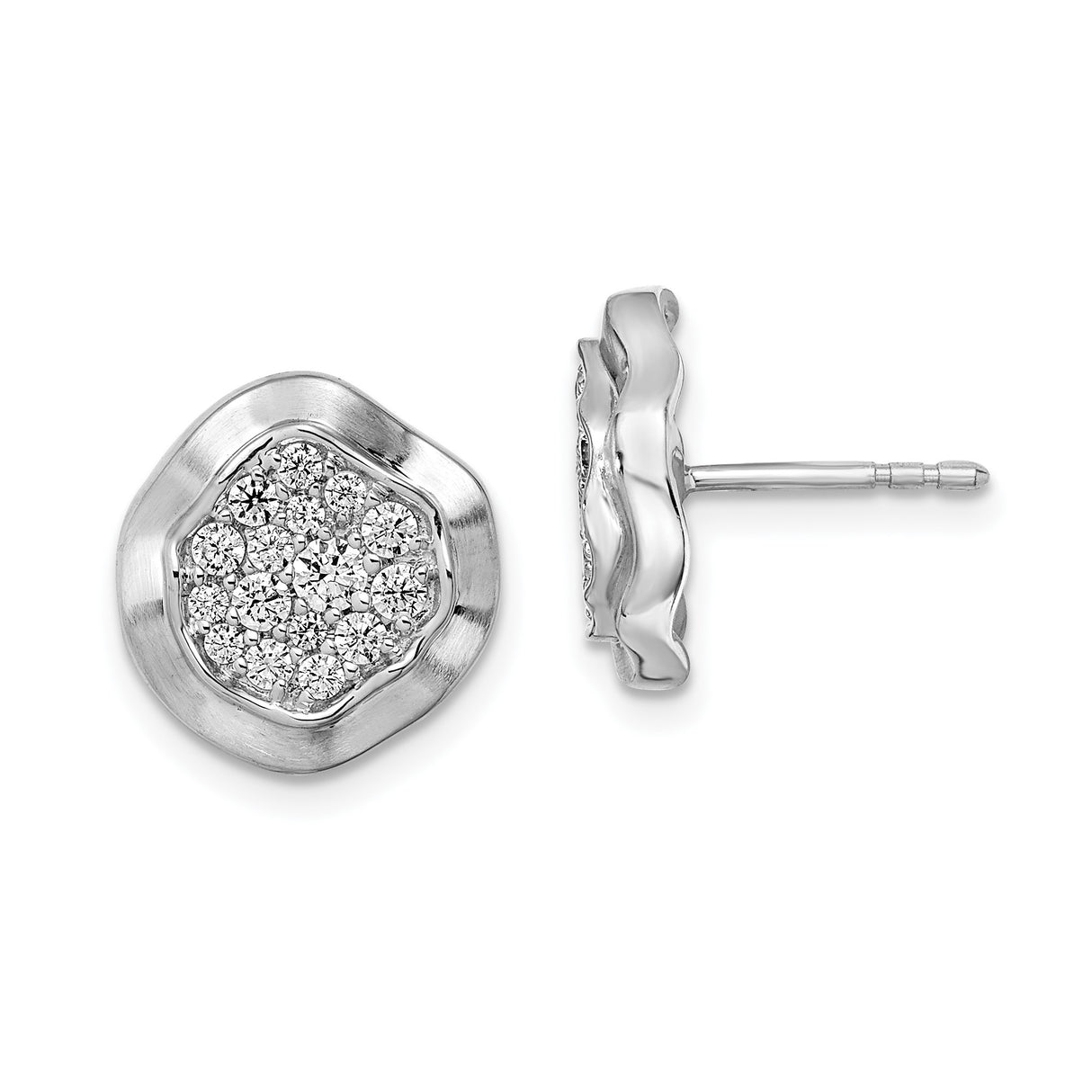 14k White Gold Diamond Stud Earrings, Floral Cluster Pavé Wavy Design