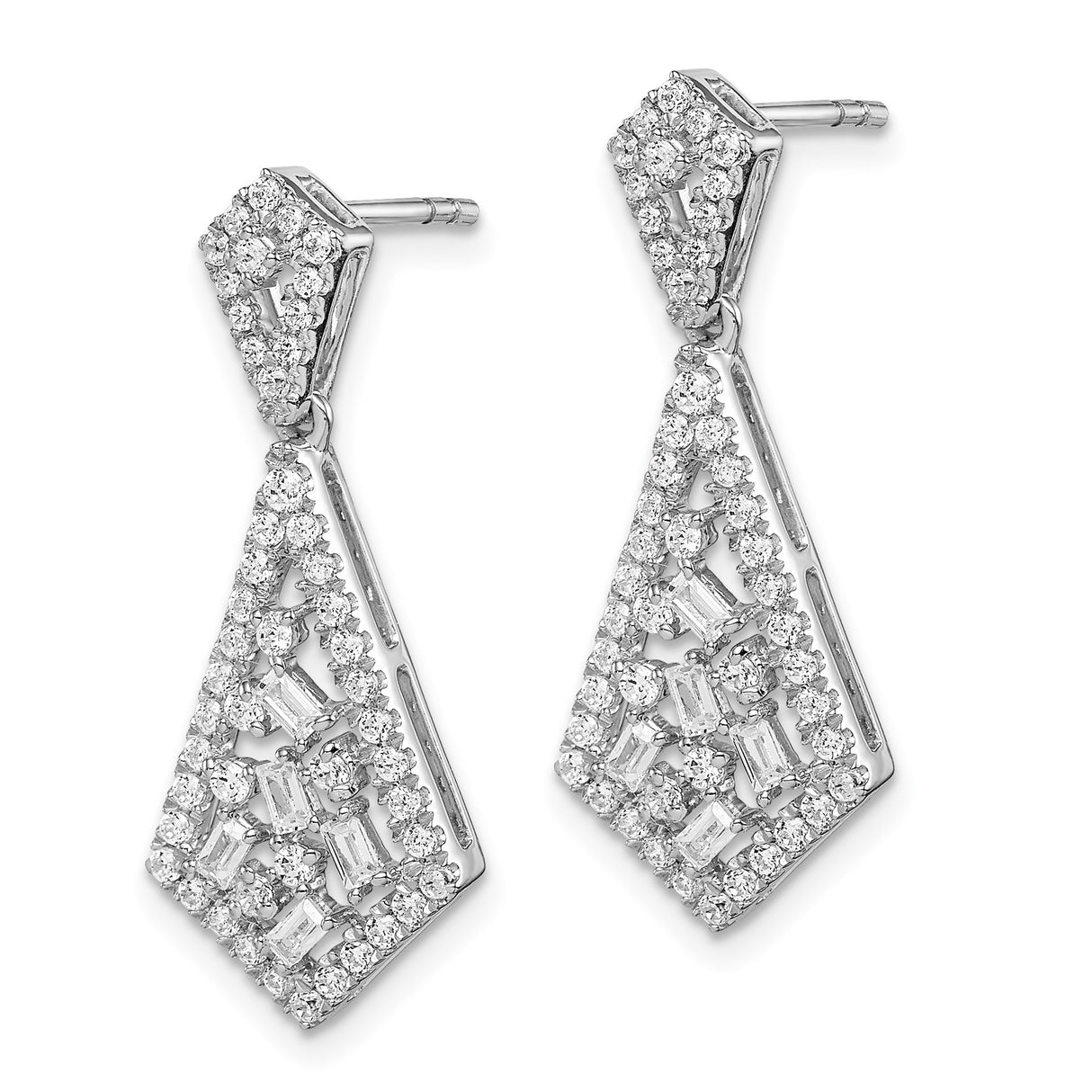14k White Gold Dangle Earrings with Baguette and Round Diamonds, Geometric Drop Design
