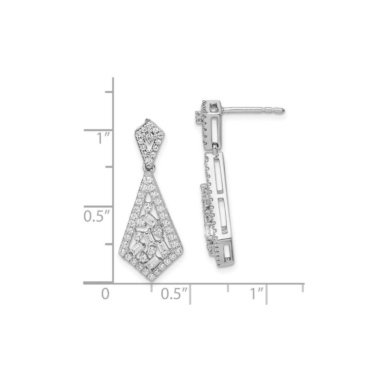 14k White Gold Dangle Earrings with Baguette and Round Diamonds, Geometric Drop Design
