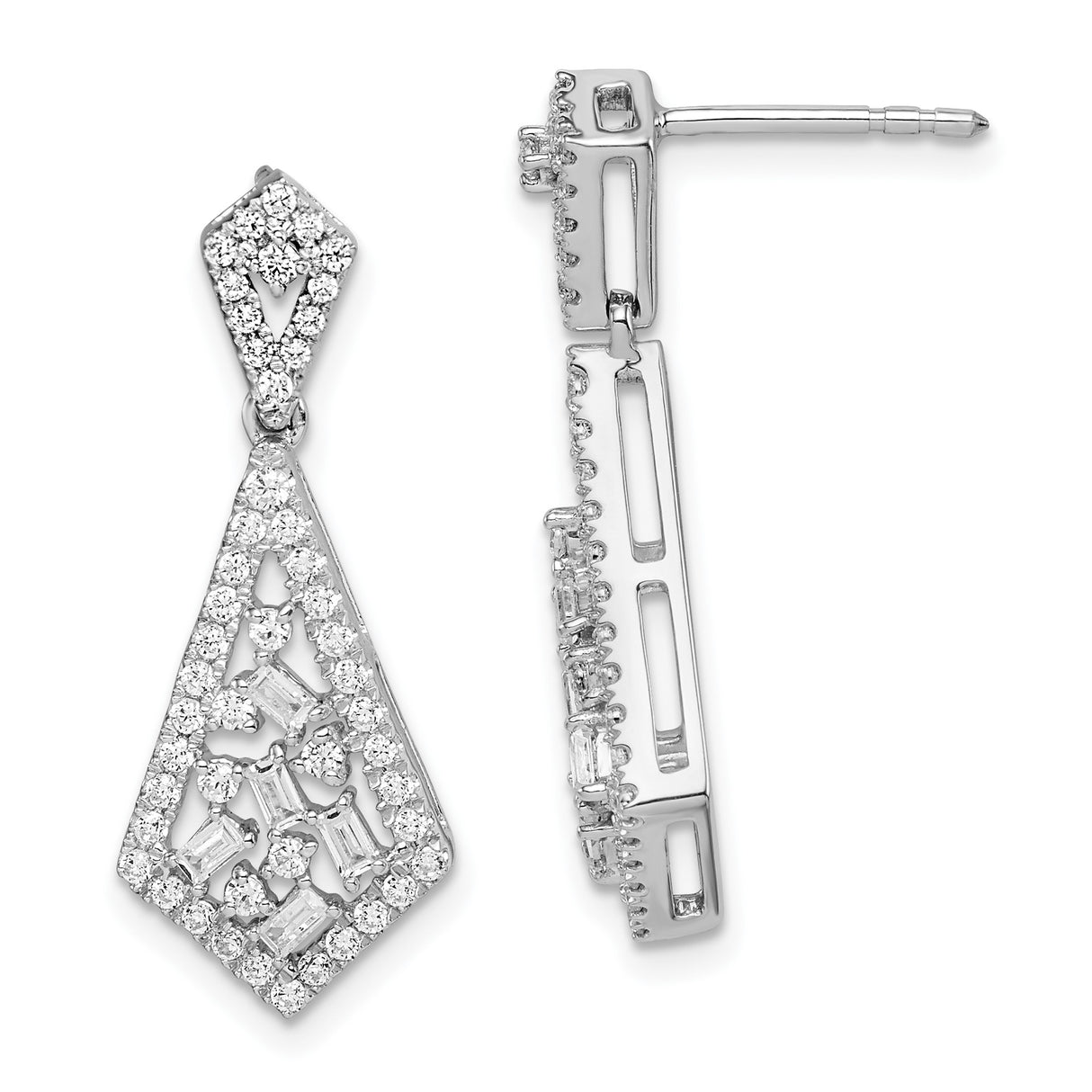 14k White Gold Dangle Earrings with Baguette and Round Cubic Zirconia, Geometric Drop Design