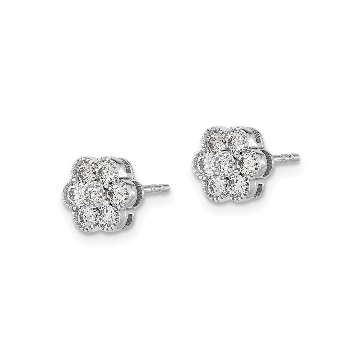 14k White Gold Flower Stud Earrings with Round-Cut Diamond Cluster