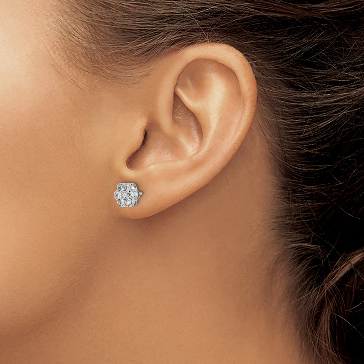 14k White Gold Flower Stud Earrings with Round-Cut Diamond Cluster