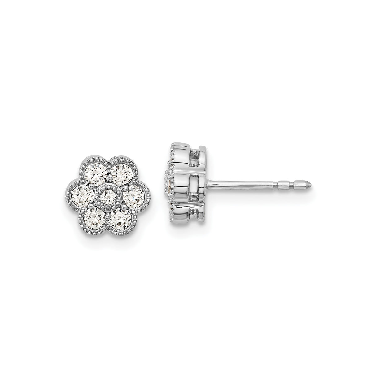 14k White Gold Flower Stud Earrings with Round-Cut Diamond Cluster
