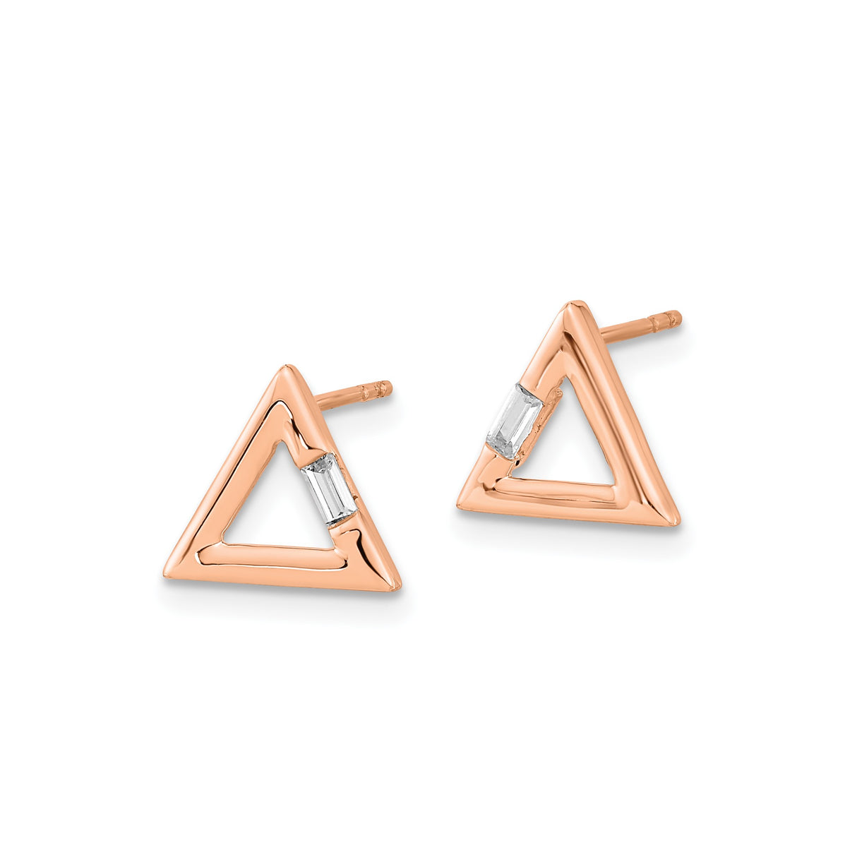 14k Rose Gold Triangle Stud Earrings with Diamond Baguette, Geometric Minimalist Design