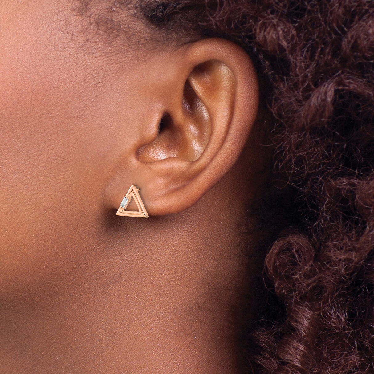 14k Rose Gold Triangle Stud Earrings with Diamond Baguette, Geometric Minimalist Design