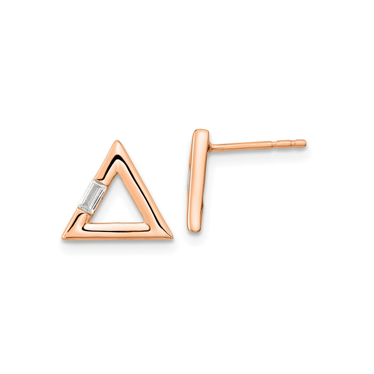 14k Rose Gold Triangle Stud Earrings with Diamond Baguette, Geometric Minimalist Design