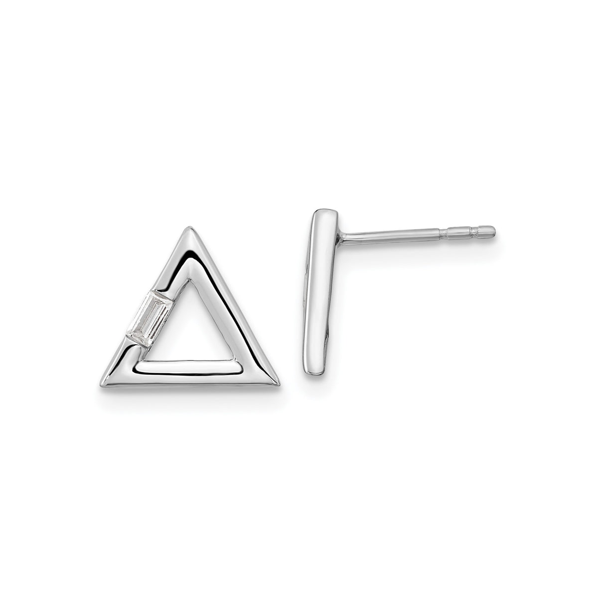 14k White Gold Triangle Stud Earrings with Open Design and Baguette Diamond Accent