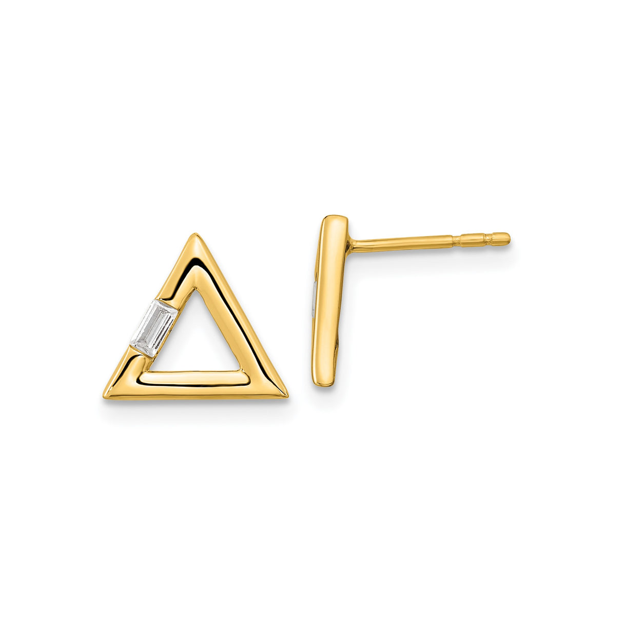 14k Yellow Gold Triangle Stud Earrings with Diamond Baguette Accent, Geometric Minimalist Style