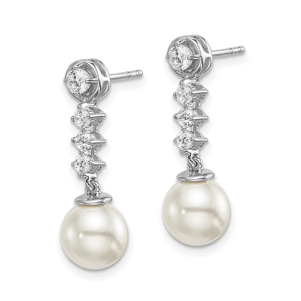14k White Gold Drop Earrings with Cultured Pearls and Round Diamond Accents