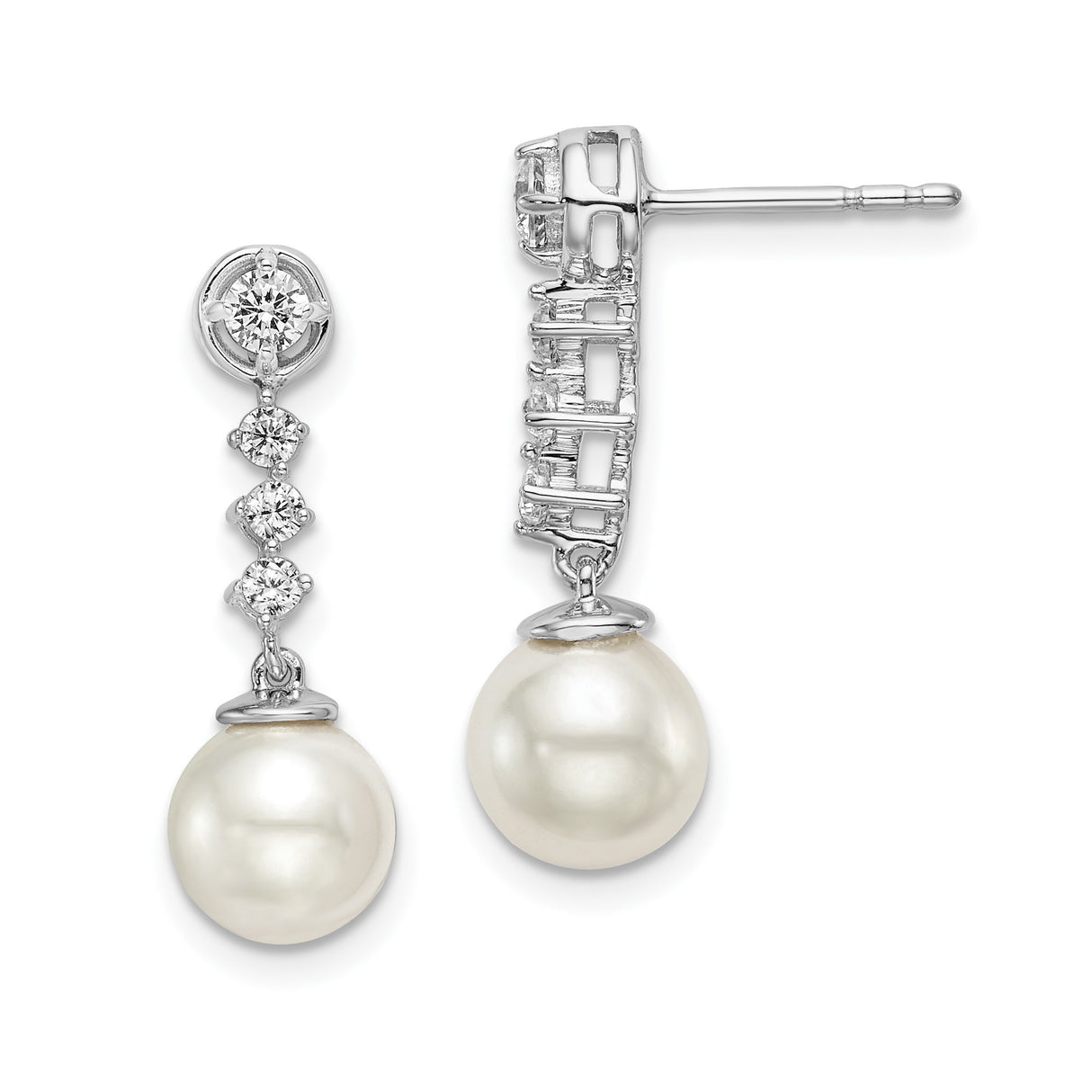 14k White Gold Drop Earrings with Cultured Pearls and Round Diamond Accents