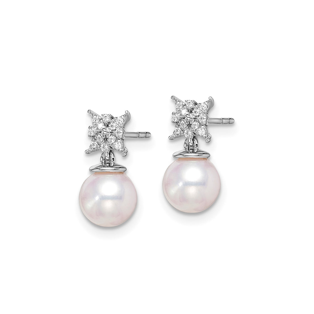14k White Gold Drop Earrings with Cultured Freshwater Pearls and Diamond Floral Cluster