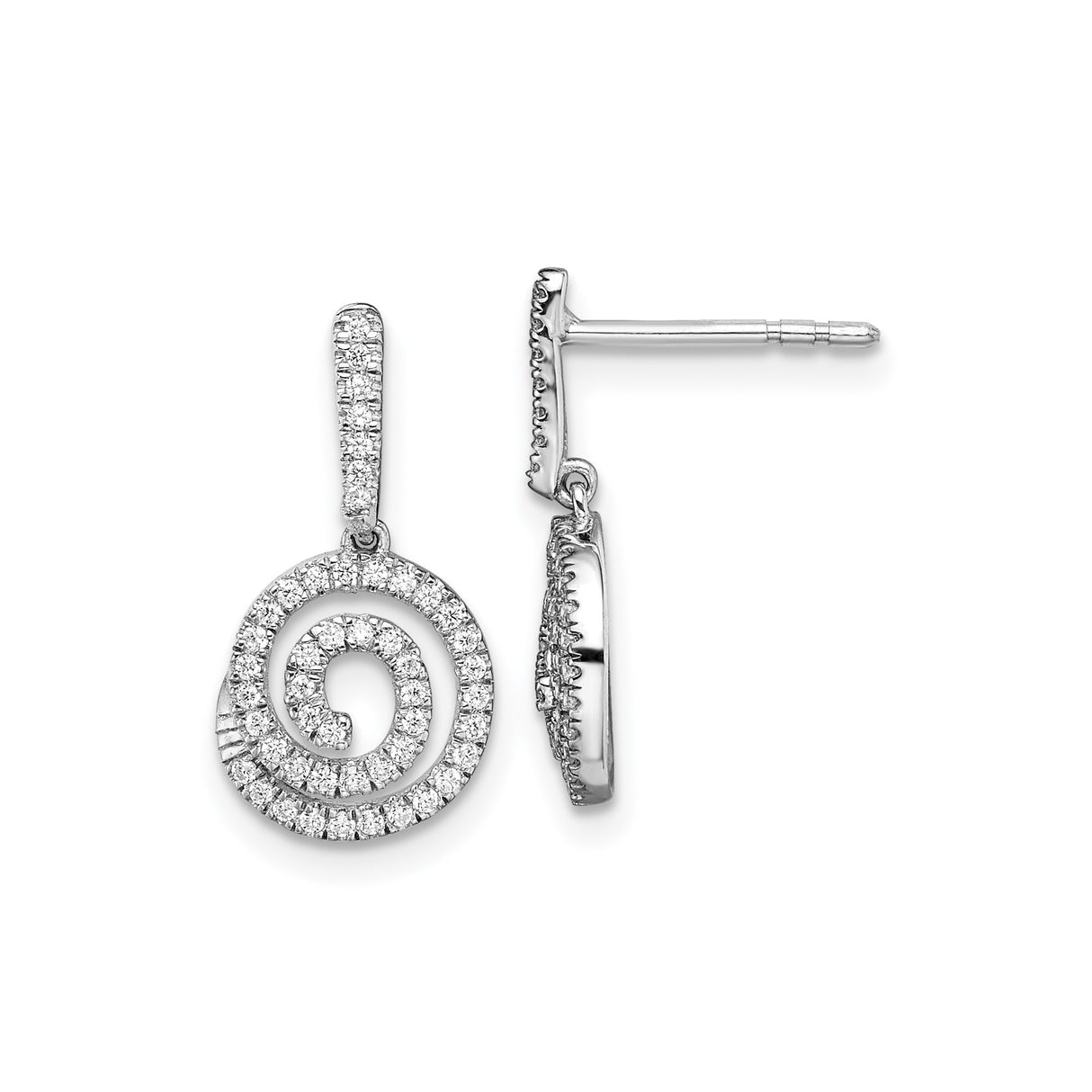 14k White Gold Dangle Earrings with Round Diamonds, Spiral Swirl Design for Women