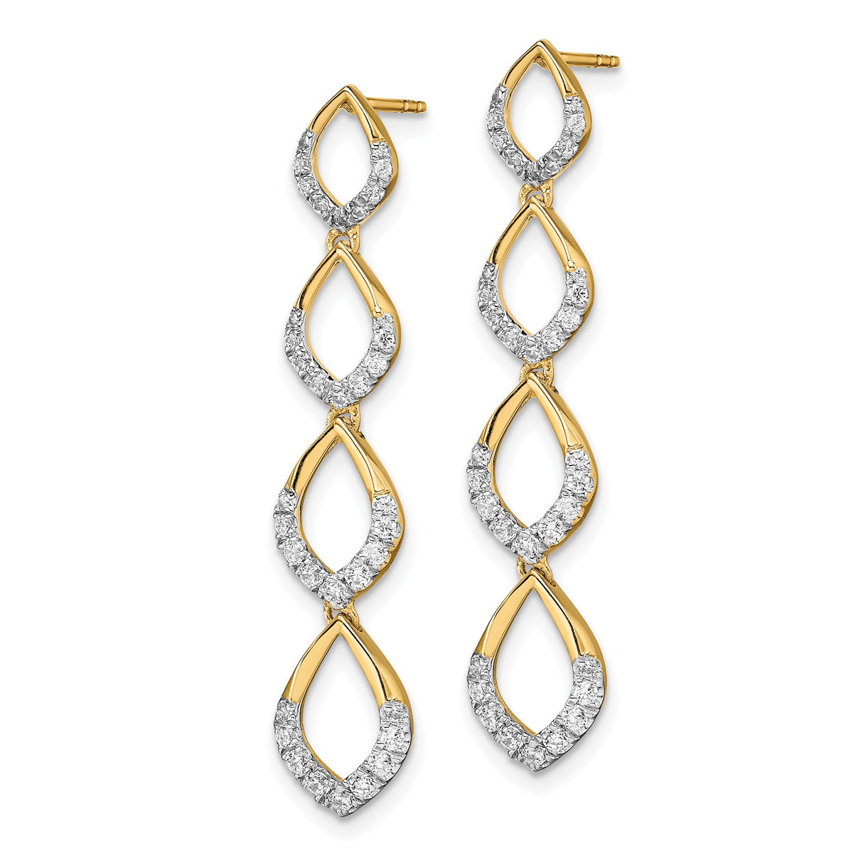 14k Yellow Gold Drop Earrings with White Diamonds, Three Marquise Open Drops, Lightweight Design