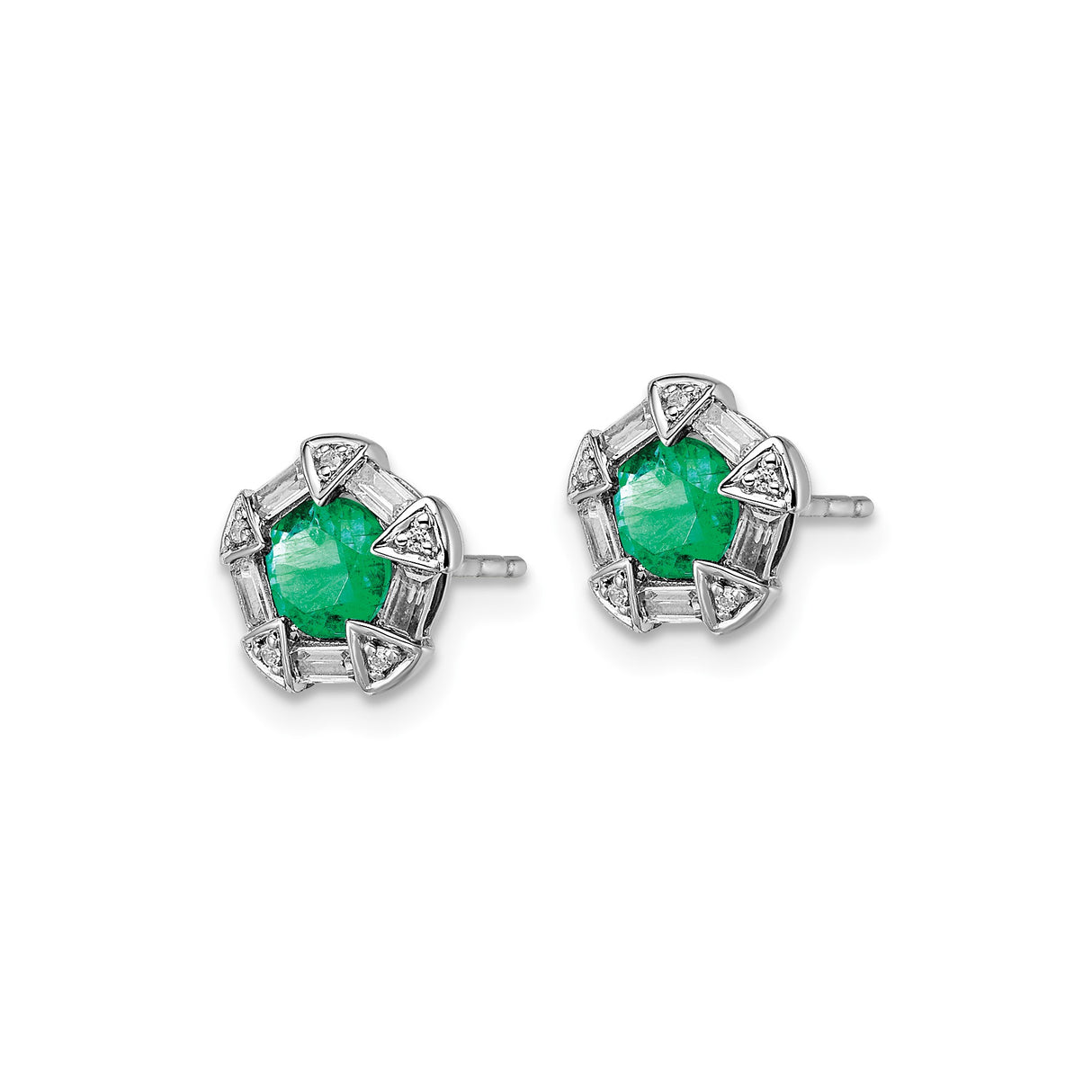 14k White Gold Emerald and Diamond Stud Earrings, Round Center with Baguette and Triangle Halo