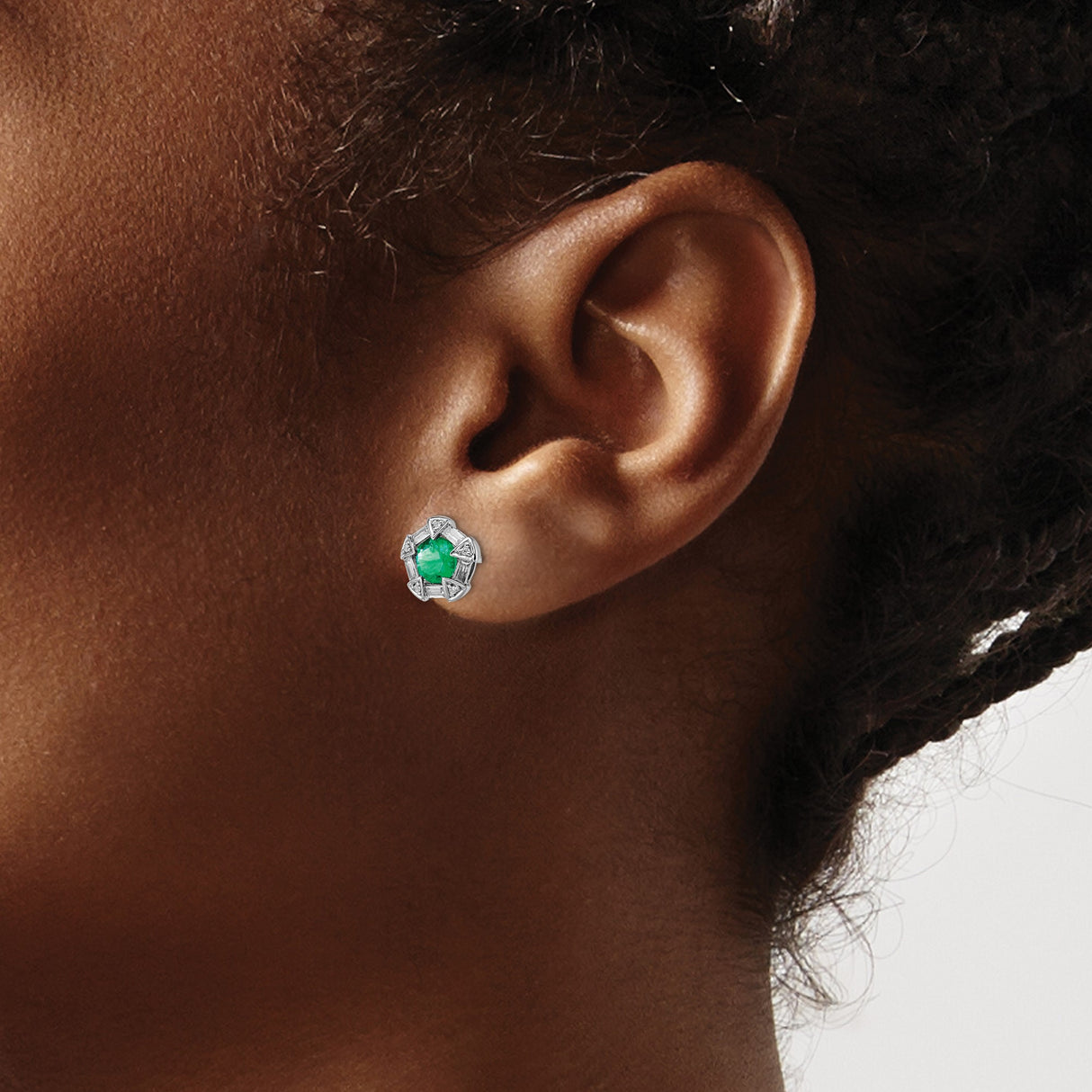 14k White Gold Emerald and Diamond Stud Earrings, Round Center with Baguette and Triangle Halo