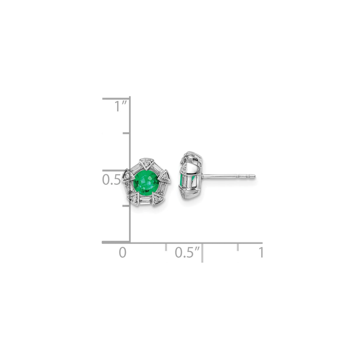 14k White Gold Emerald and Diamond Stud Earrings, Round Center with Baguette and Triangle Halo