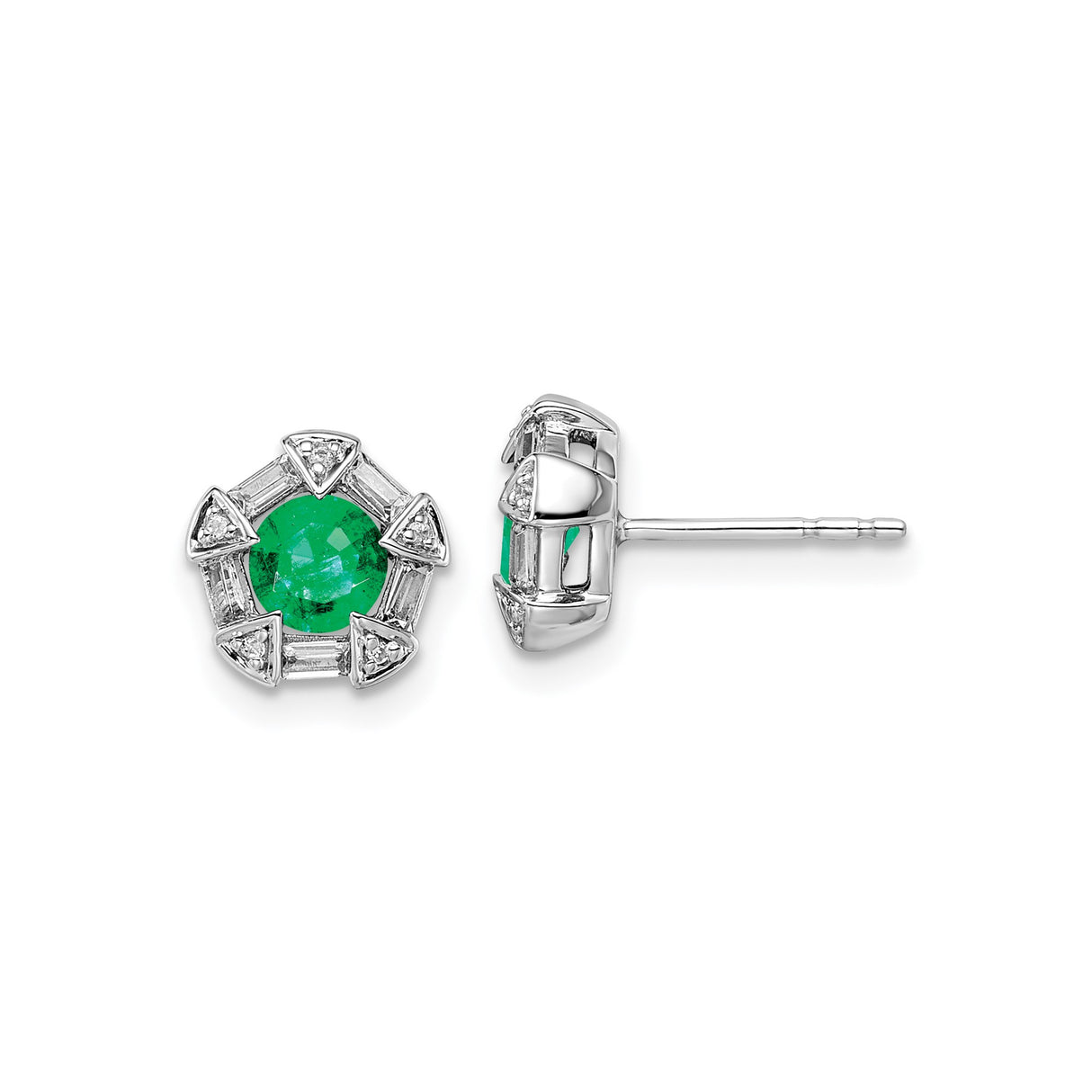 14k White Gold Emerald and Diamond Stud Earrings, Round Center with Baguette and Triangle Halo