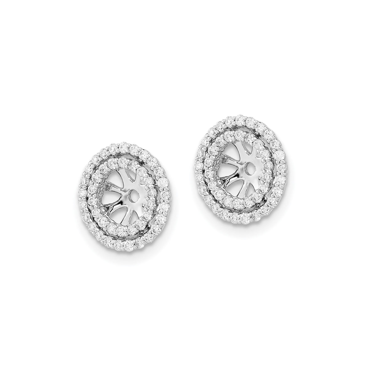 14k White Gold Earring Jackets with Diamonds, Double Halo and Sunburst Open Center Design