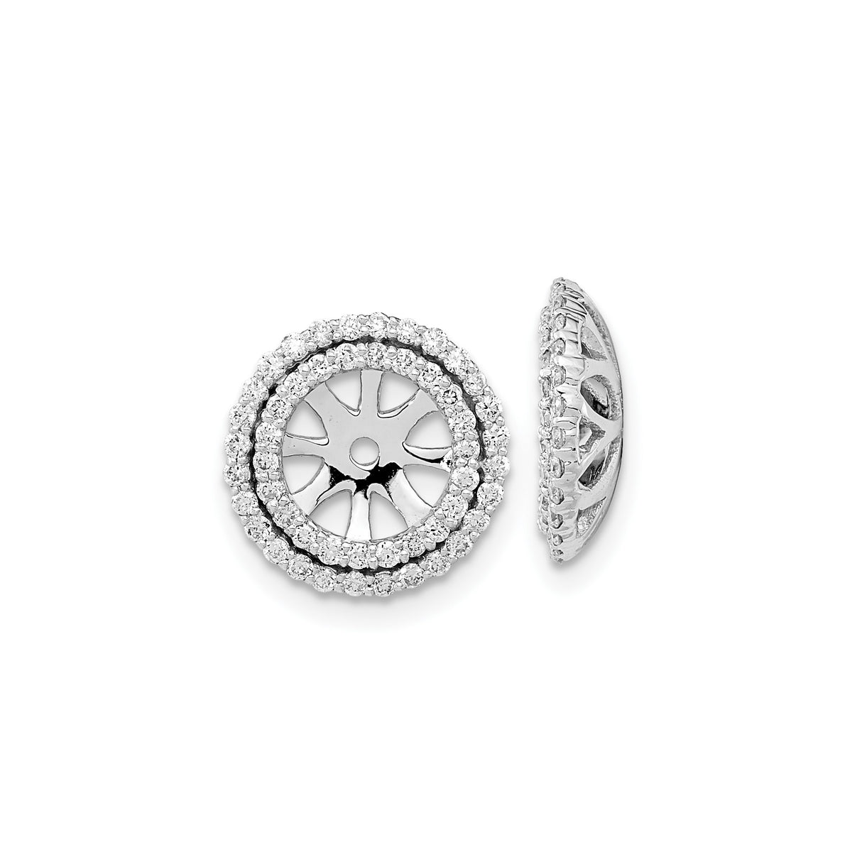 14k White Gold Earring Jackets with Diamonds, Double Halo and Spoke Center Design