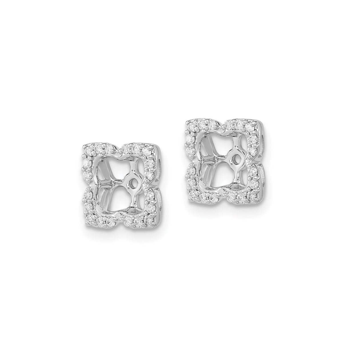 14k White Gold Earring Jackets with Diamonds, Quatrefoil Floral Stud Enhancer Design