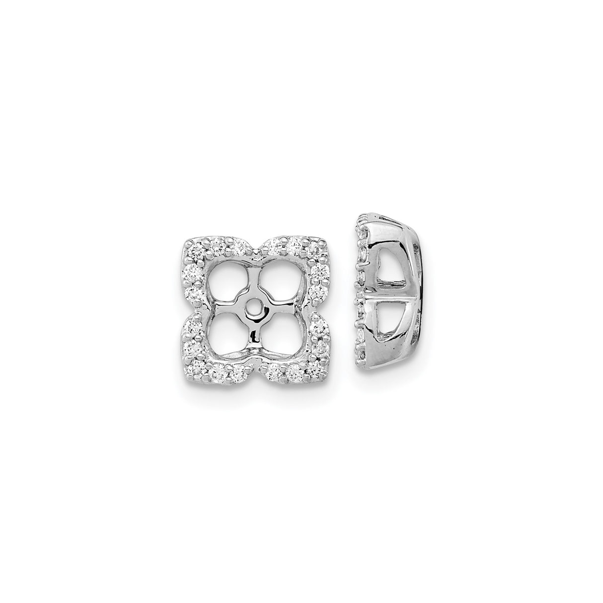 14k White Gold Earring Jackets with Diamonds, Quatrefoil Floral Stud Enhancer Design