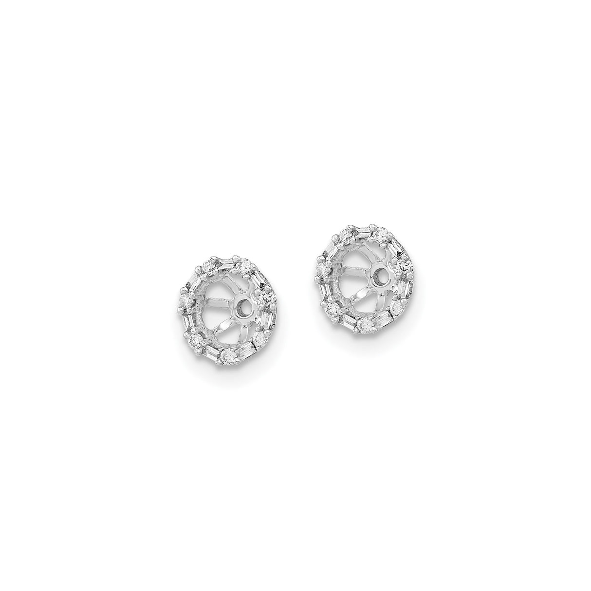 10k White Gold Earring Jackets with Round and Baguette Diamonds, Circular Halo Design