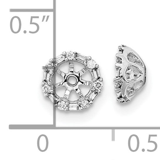 14k White Gold Earring Jackets with Round and Baguette Diamonds, Starburst Halo Design