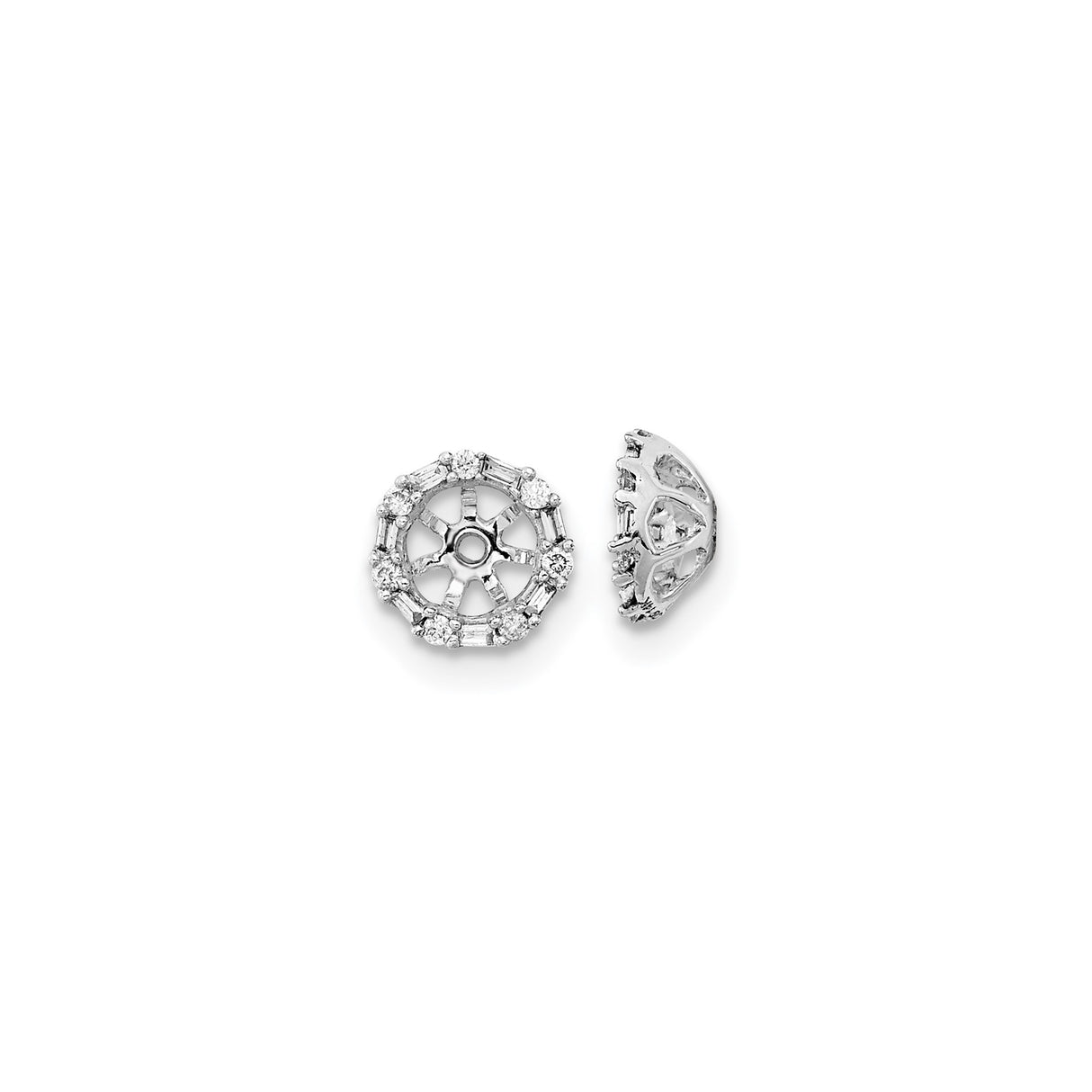 14k White Gold Earring Jackets, Diamond, Floral Motif Circle Halo Stud Enhancers